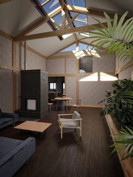 Modern living room with high ceilings, skylights, exposed wooden beams, dark wood floors, a fireplace, minimalist furniture, and large indoor plants along one wall—perfect for those who appreciate sustainable building and breathable homes.