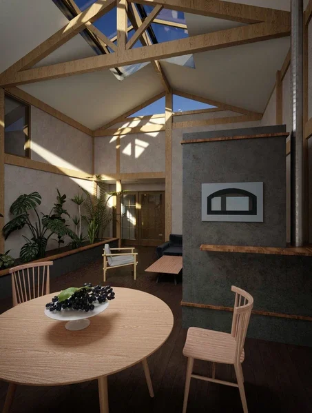 A modern, sunlit living and dining area with wooden beams, large windows, skylights, plants, a wooden table with chairs, a bowl of grapes, and minimalist furniture—showcasing the beauty of sustainable construction and breathable homes.
